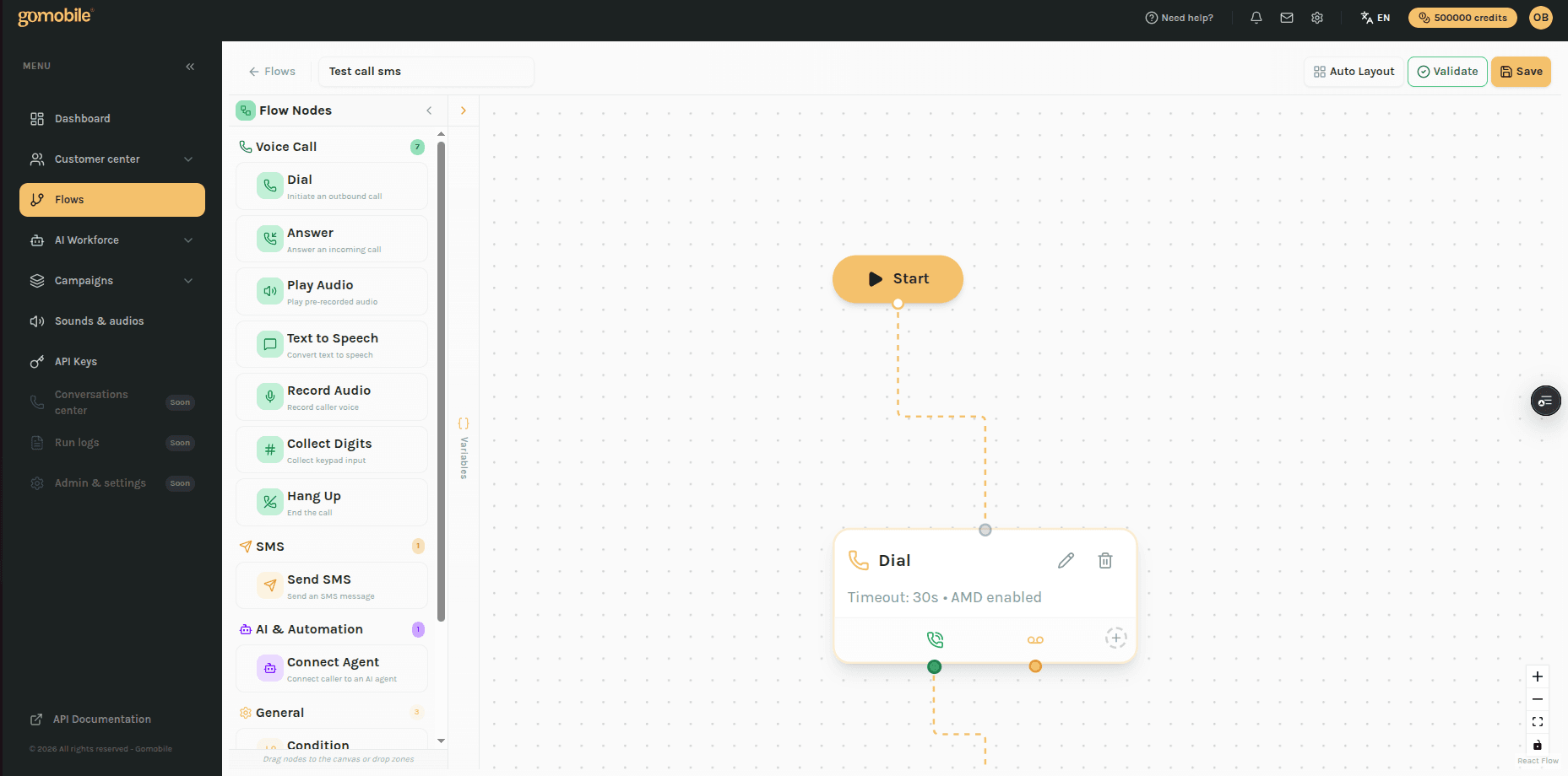 Flow Studio — zoom sur un noeud Dial